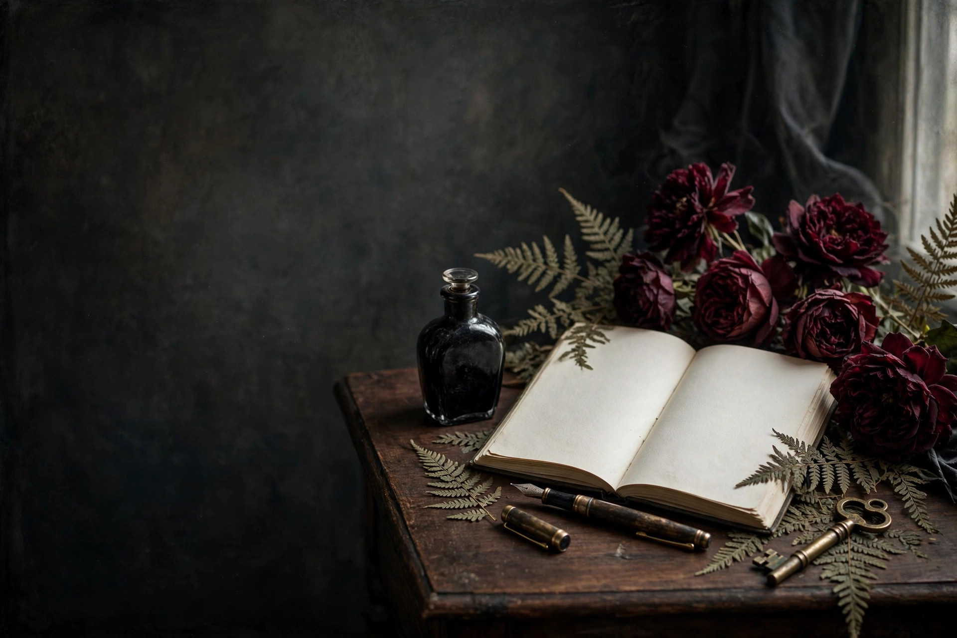 Ink bottle, fountain pen, journal, and pressed botanicals on a dark wood desk
