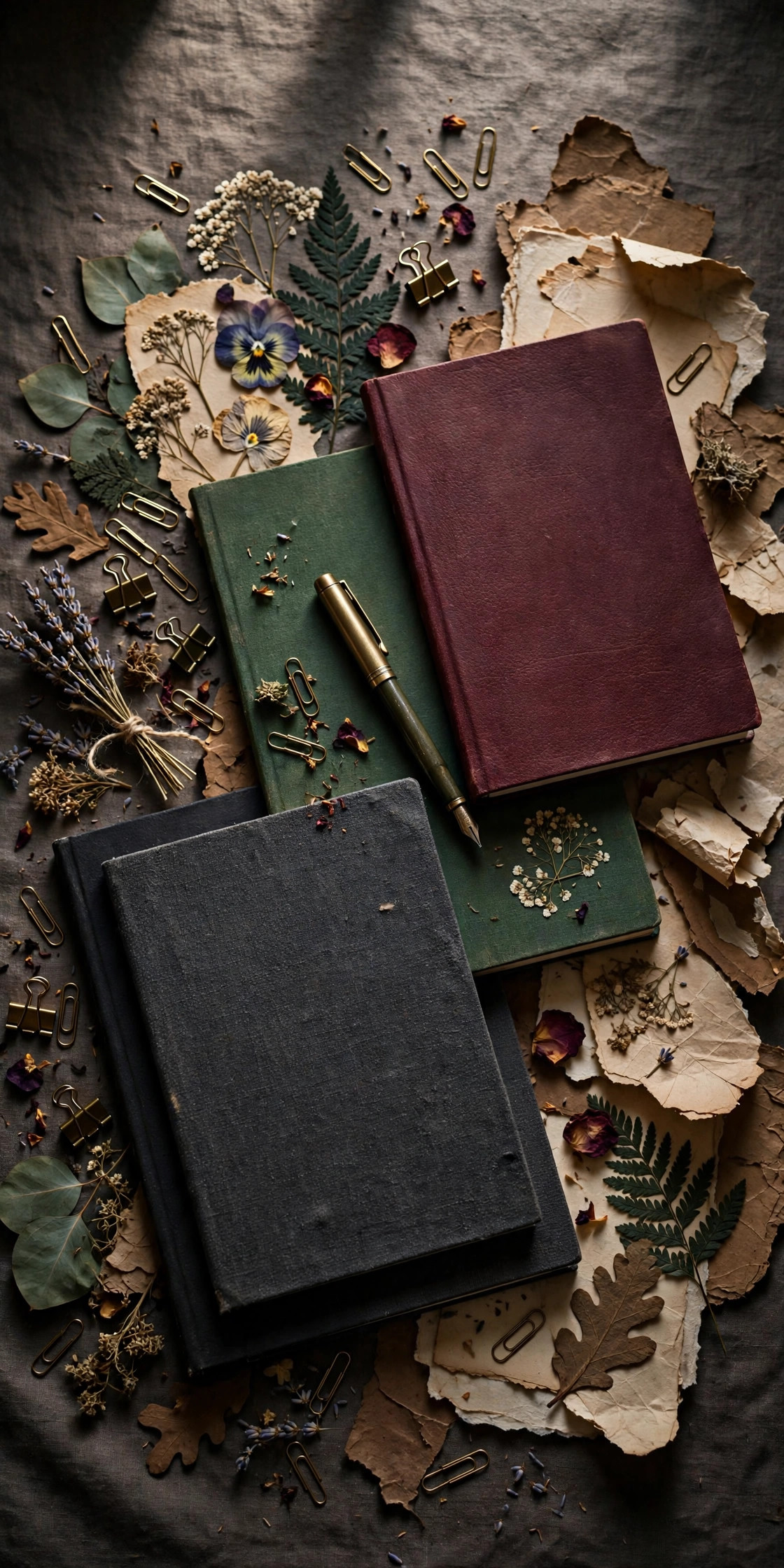 Dark journals and planners styled with brass clips and pressed botanicals