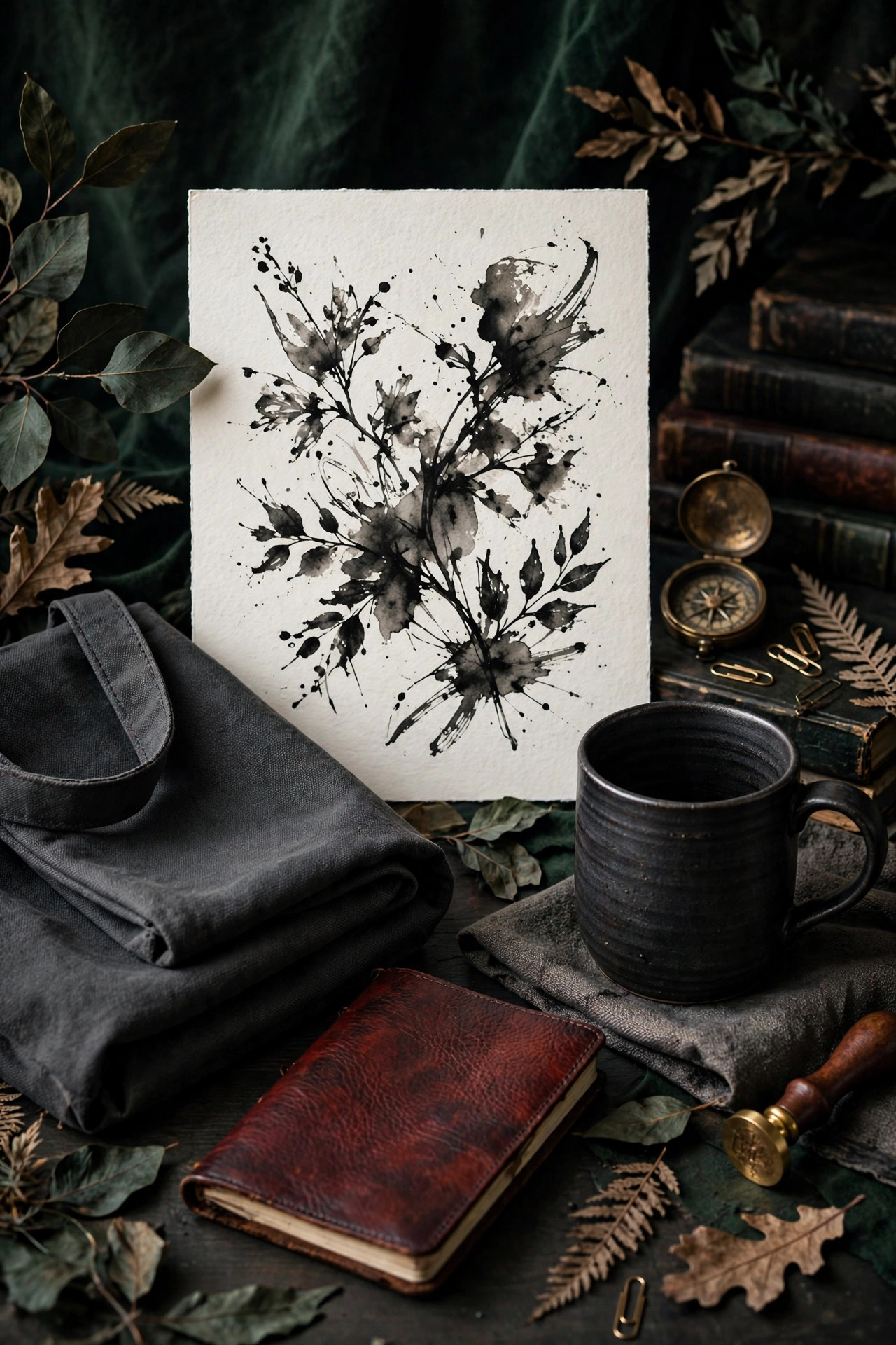 Dark mug, tote bag, notebook, and botanical art print in a moody still life