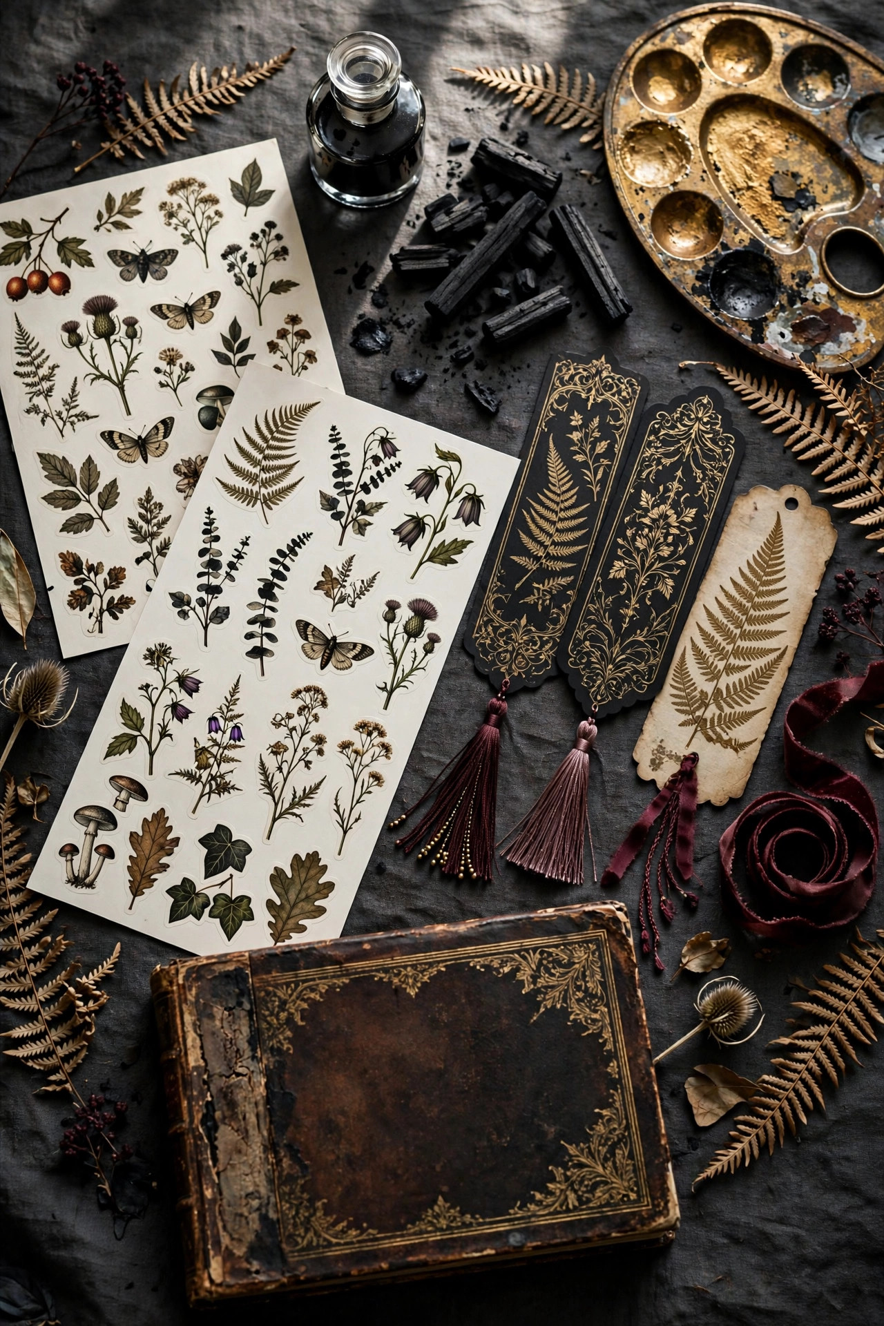 Botanical stickers and decorative bookmarks arranged beside an old book